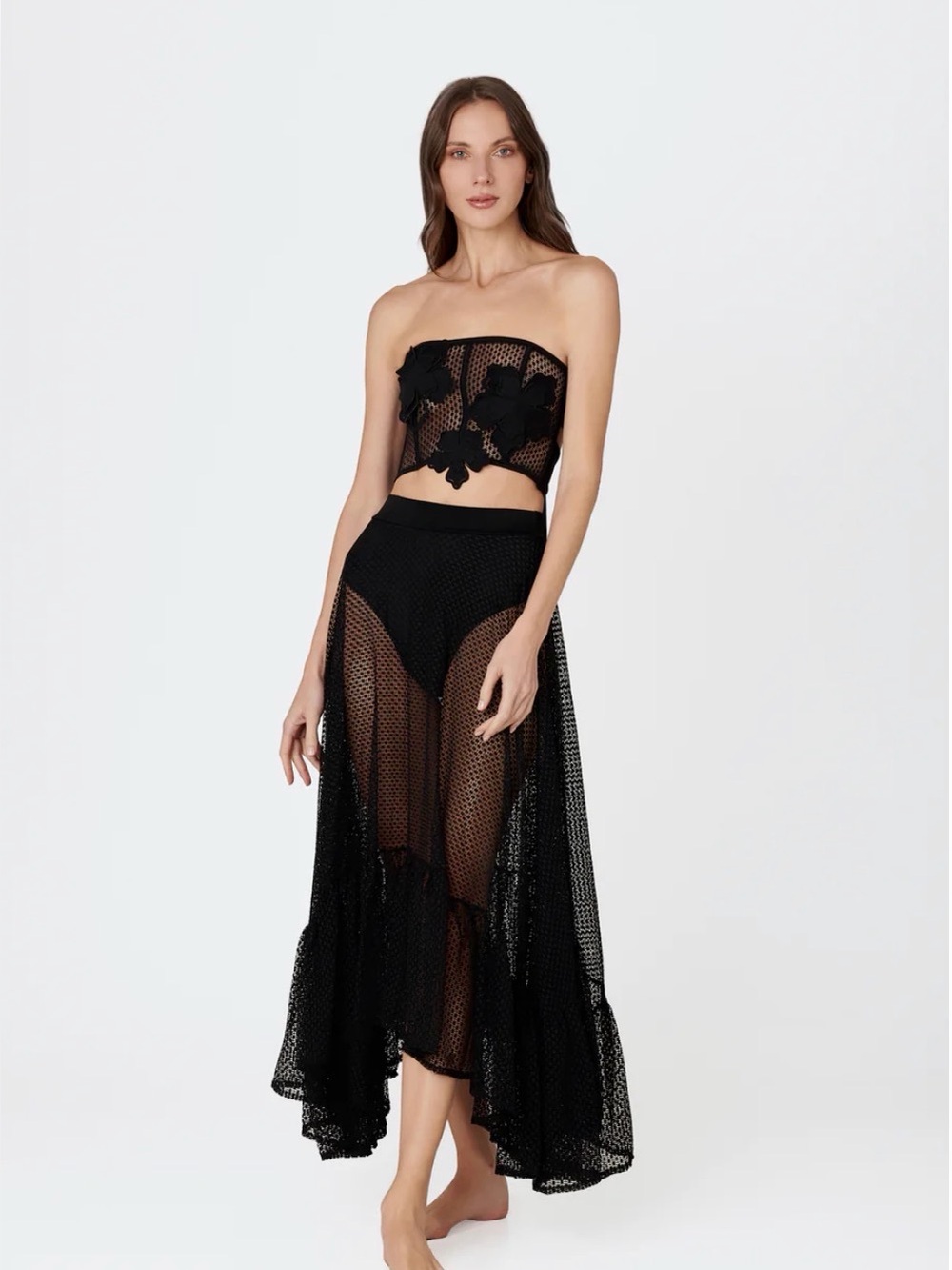 Black Sheer Mesh Two-Piece Set - Strapless Crop Top & Maxi Skirt